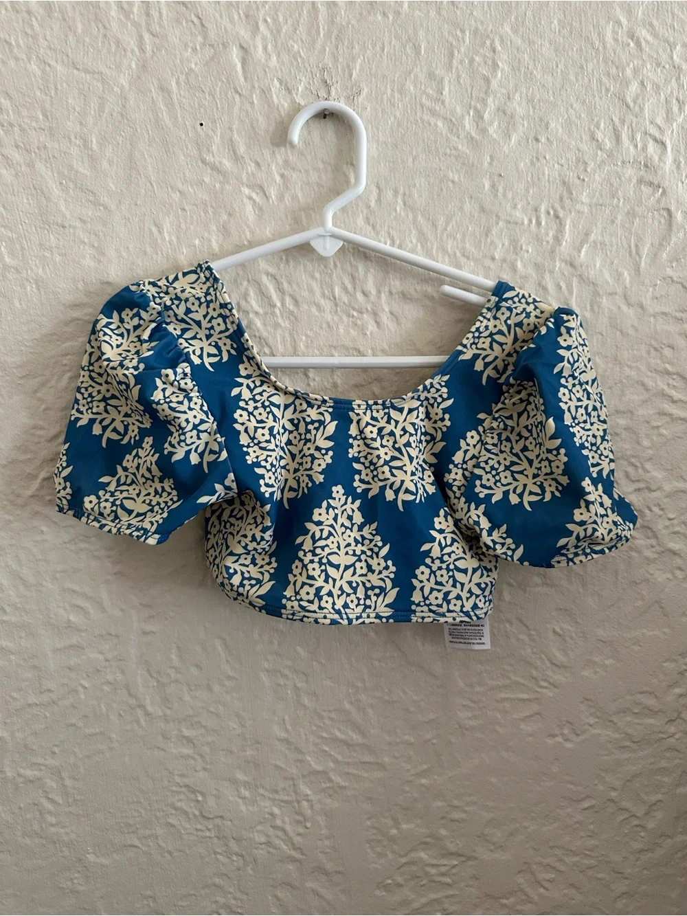 Mini Boden Blue Ivory Damask Scoop Puff Sleeves Floral Bikini Swim Crop Top 5-6Y